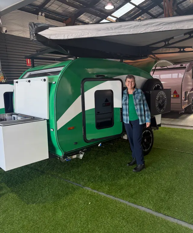 Claire with their Breath Trailer at handover