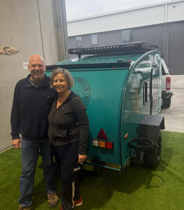 Jason & Sharyn with their Breath Trailer at handover