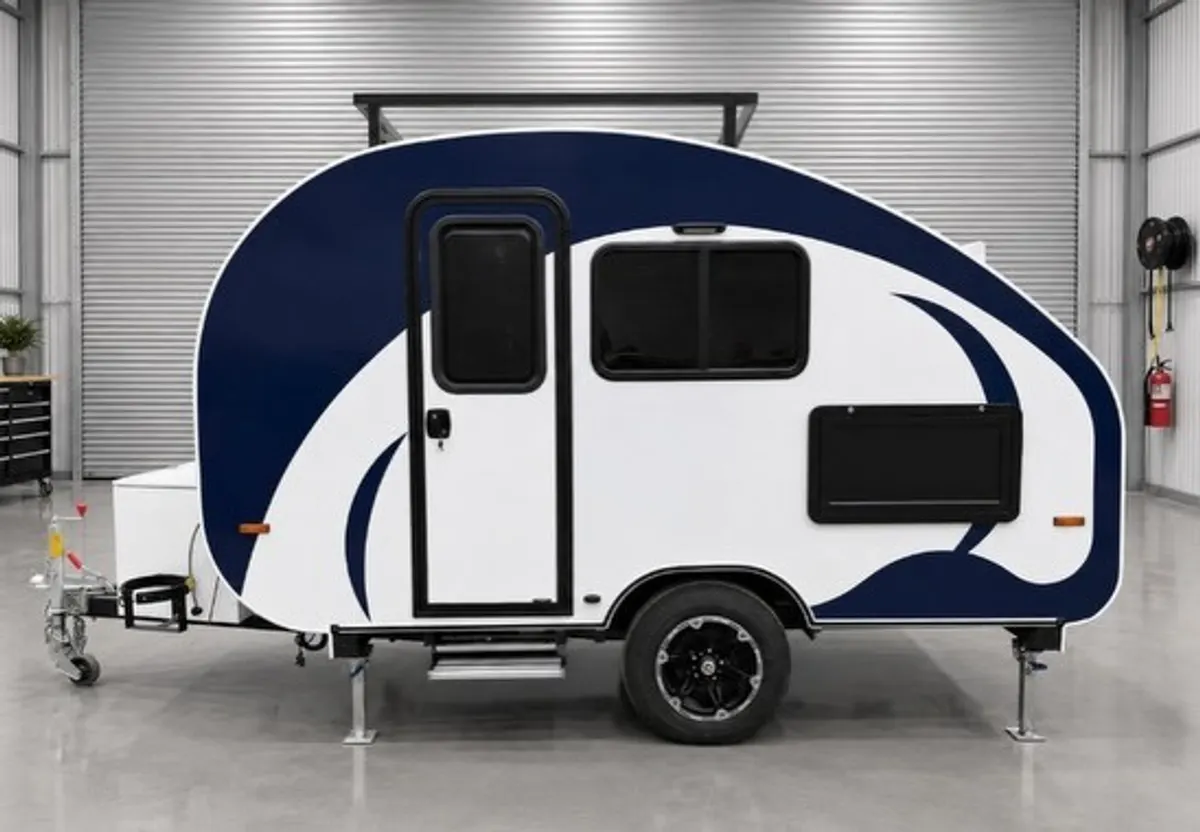 Blue and white Max side profile in the workshop