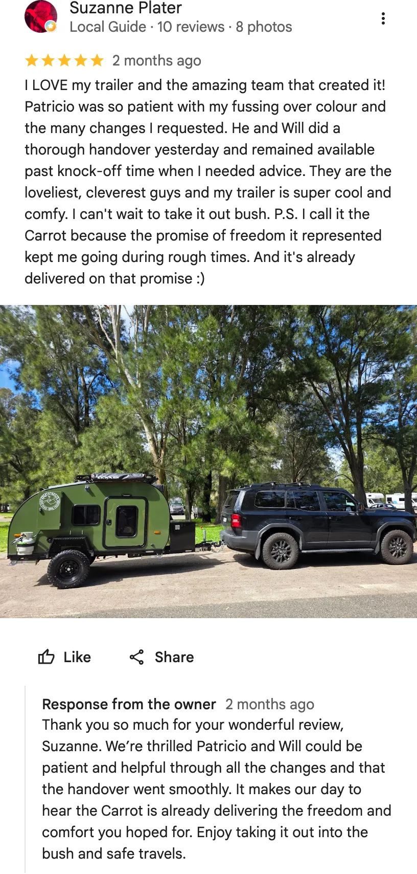 Original google review screenshot from Suzanne Plater