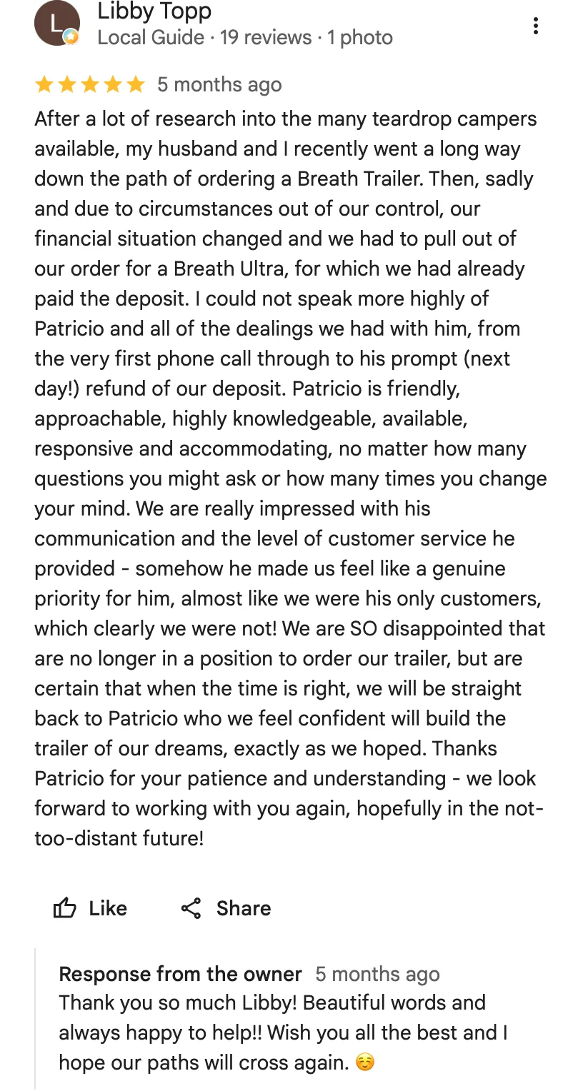 Original google review screenshot from Libby Topp