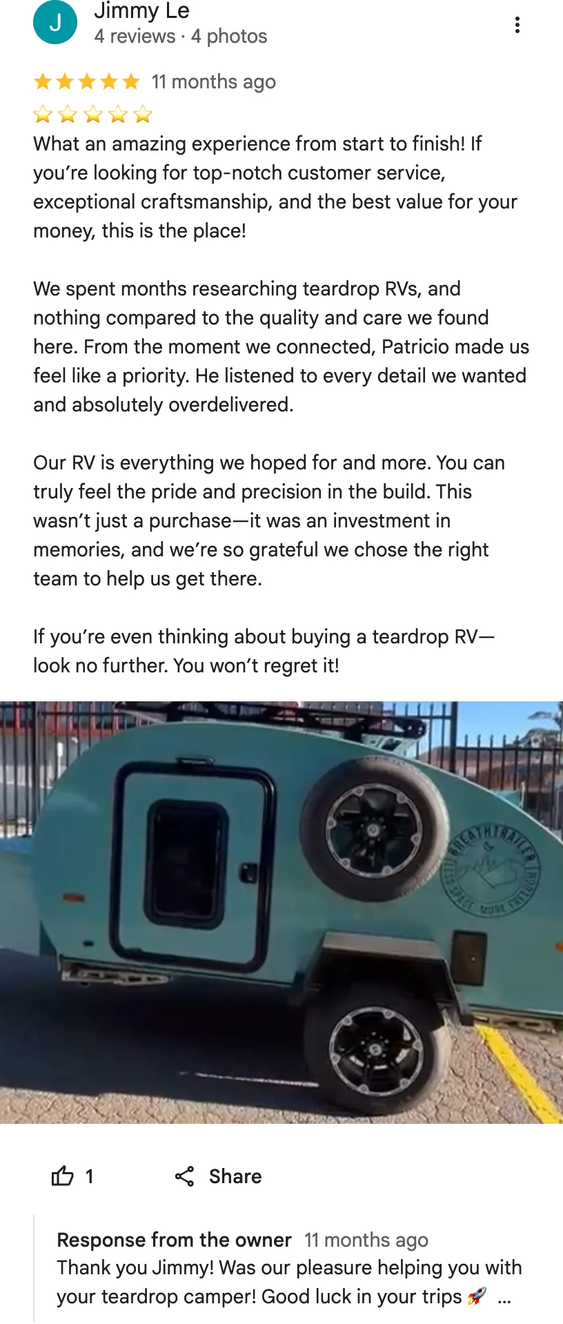 Original google review screenshot from Jimmy Le