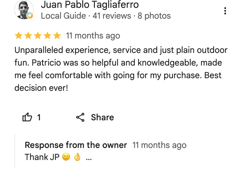 Original google review screenshot from Juan Pablo Tagliaferro