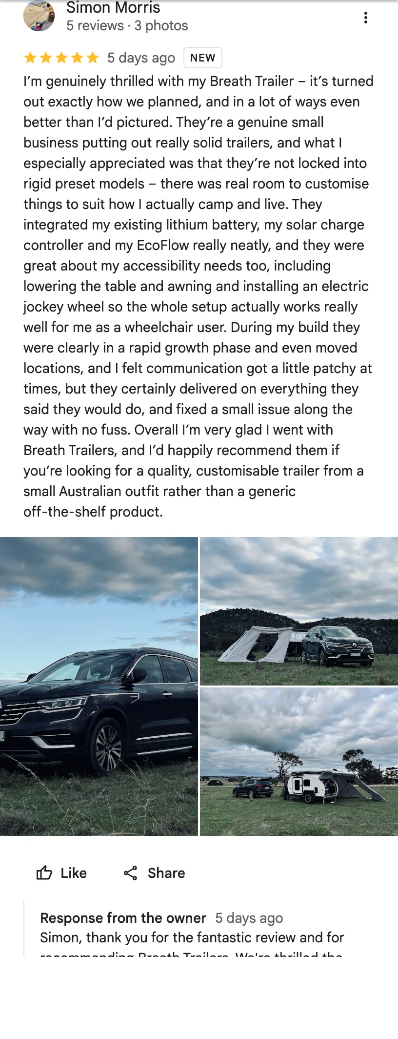 Original google review screenshot from Simon Morris