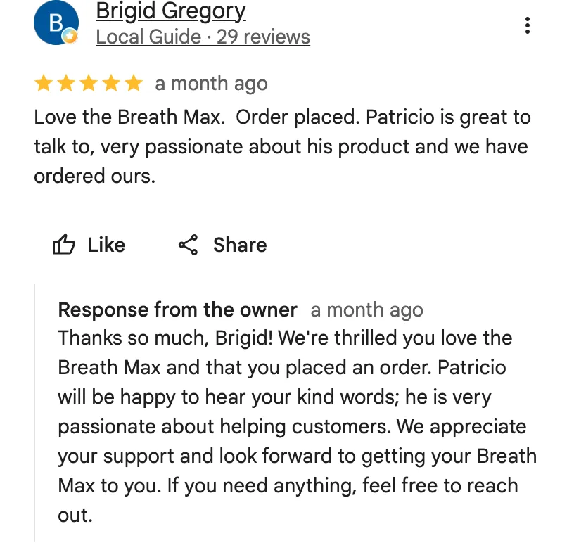 Original google review screenshot from Brigid Gregory
